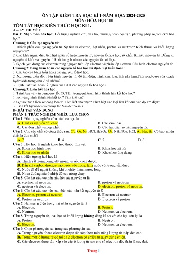 Đề cương ôn tập học kì I Hóa học 10 - Năm học 2024-2025