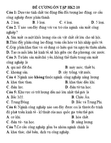 Đề cương ôn tập học kì II Địa lí 10