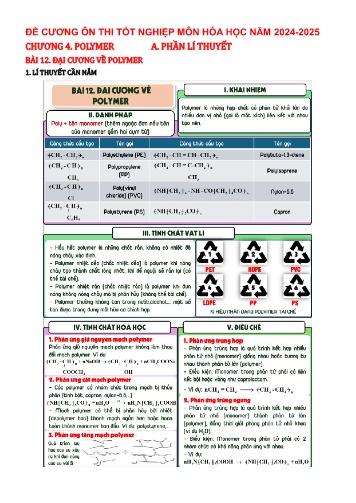 Đề cương ôn thi tốt nghiệp Hóa học 12 - Chương 4: Polymer - Năm học 2024-2025