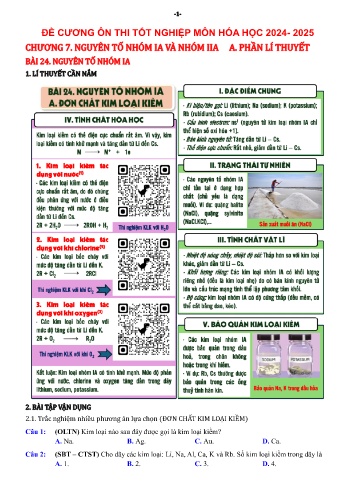 Đề cương ôn thi tốt nghiệp Hóa học 12 - Chương 7: Nguyên tố nhóm IA và nhóm IIA - Năm học 2024-2025