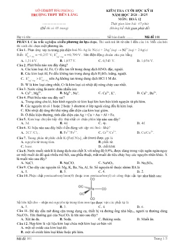 Đề kiểm tra cuối học kì II Hóa học 12 - Mã đề 101 - Năm học 2024-2025 - Trường THPT Tiên Lãng
