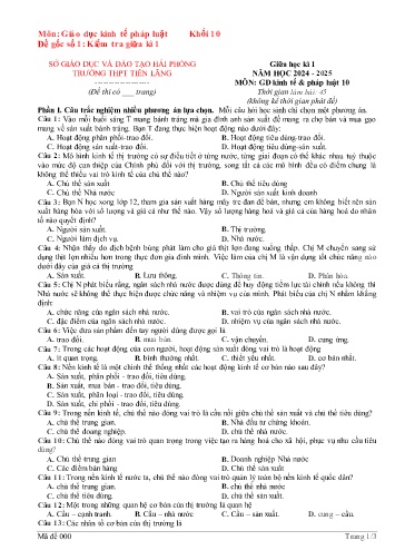 Đề kiểm tra giữa học kì I Giáo dục Kinh tế và Pháp luật 10 - Đề 1 - Năm học 2024-2025 - Trường THPT Tiên Lãng
