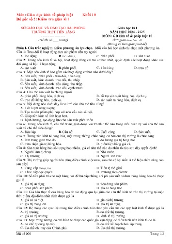 Đề kiểm tra giữa học kì I Giáo dục Kinh tế và Pháp luật 10 - Đề 2 - Năm học 2024-2025 - Trường THPT Tiên Lãng