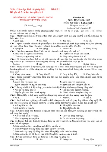 Đề kiểm tra giữa học kì I Giáo dục Kinh tế và Pháp luật 11 - Đề 2 - Năm học 2024-2025 - Trường THPT Tiên Lãng