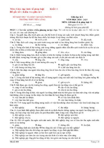 Đề kiểm tra giữa học kì I Giáo dục Kinh tế và Pháp luật 11 - Đề 1 - Năm học 2024-2025 - Trường THPT Tiên Lãng