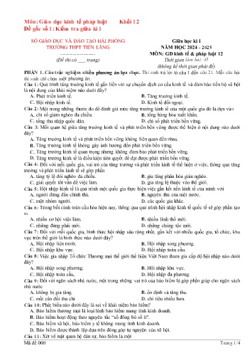Đề kiểm tra giữa học kì I Giáo dục Kinh tế và Pháp luật 12 - Đề 1 - Năm học 2024-2025 - Trường THPT Tiên Lãng