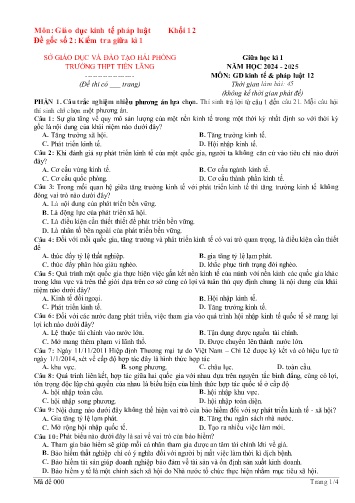 Đề kiểm tra giữa học kì I Giáo dục Kinh tế và Pháp luật 12 - Đề 2 - Năm học 2024-2025 - Trường THPT Tiên Lãng