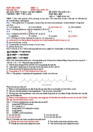 Đề kiểm tra giữa học kì I Hóa học 12 - Đề 1 - Trường THPT Tiên Lãng (Có đáp án)