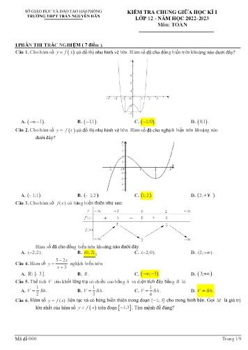Đề kiểm tra giữa học kì I Toán 12 - Năm học 2022-2023 - Trường THPT Trần Nguyên Hãn (Có đáp án)