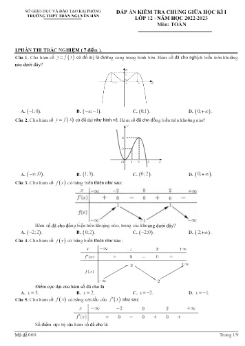 Đề kiểm tra giữa học kì I Toán Lớp 12 - Năm học 2022-2023 - Trường THPT Trần Nguyên Hãn (Có đáp án)