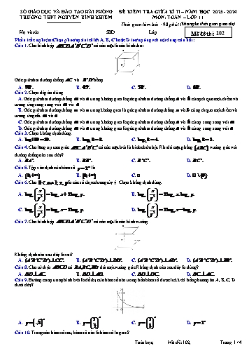 Đề kiểm tra giữa học kì II Toán 11 - Mã đề 102 - Năm học 2023-2024 - Trường THPT Nguyễn Bỉnh Khiêm