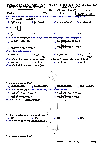 Đề kiểm tra giữa học kì II Toán 11 - Mã đề 103 - Năm học 2023-2024 - Trường THPT Nguyễn Bỉnh Khiêm (Có đáp án)