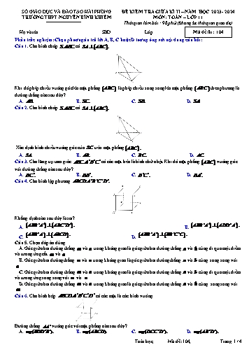 Đề kiểm tra giữa học kì II Toán 11 - Mã đề 104 - Năm học 2023-2024 - Trường THPT Nguyễn Bỉnh Khiêm