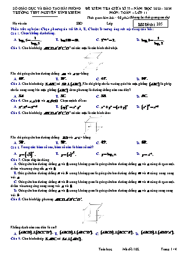 Đề kiểm tra giữa học kì II Toán 11 - Mã đề 105 - Năm học 2023-2024 - Trường THPT Nguyễn Bỉnh Khiêm (Có đáp án)