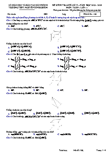 Đề kiểm tra giữa học kì II Toán 11 - Mã đề 106 - Năm học 2023-2024 - Trường THPT Nguyễn Bỉnh Khiêm