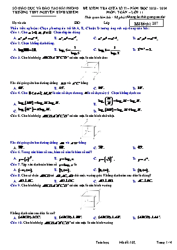 Đề kiểm tra giữa học kì II Toán 11 - Mã đề 107 - Năm học 2023-2024 - Trường THPT Nguyễn Bỉnh Khiêm (Có đáp án)