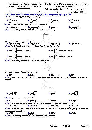 Đề kiểm tra giữa học kì II Toán 11 - Mã đề 108 - Năm học 2023-2024 - Trường THPT Nguyễn Bỉnh Khiêm