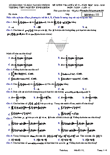 Đề kiểm tra giữa học kì II Toán 12 - Mã đề 111 - Năm học 2023-2024 - Trường THPT Nguyễn Bỉnh Khiêm (Có đáp án)