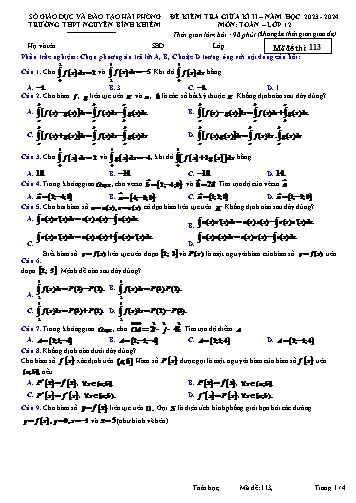 Đề kiểm tra giữa học kì II Toán 12 - Mã đề 113 - Năm học 2023-2024 - Trường THPT Nguyễn Bỉnh Khiêm (Có đáp án)