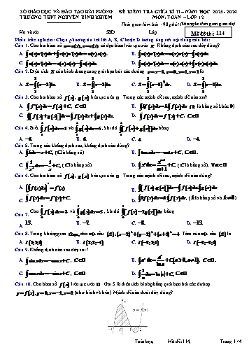 Đề kiểm tra giữa học kì II Toán 12 - Mã đề 114 - Năm học 2023-2024 - Trường THPT Nguyễn Bỉnh Khiêm