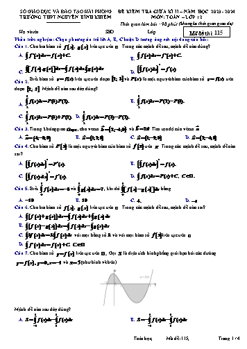 Đề kiểm tra giữa học kì II Toán 12 - Mã đề 115 - Năm học 2023-2024 - Trường THPT Nguyễn Bỉnh Khiêm (Có đáp án)