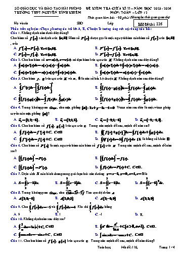 Đề kiểm tra giữa học kì II Toán 12 - Mã đề 116 - Năm học 2023-2024 - Trường THPT Nguyễn Bỉnh Khiêm