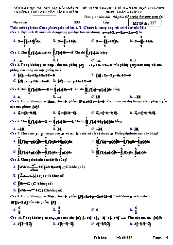 Đề kiểm tra giữa học kì II Toán 12 - Mã đề 117 - Năm học 2023-2024 - Trường THPT Nguyễn Bỉnh Khiêm (Có đáp án)