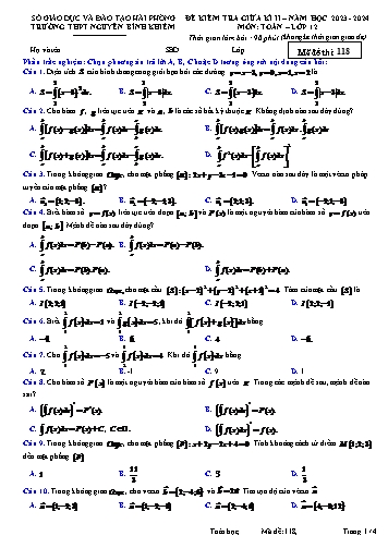 Đề kiểm tra giữa học kì II Toán 12 - Mã đề 118 - Năm học 2023-2024 - Trường THPT Nguyễn Bỉnh Khiêm