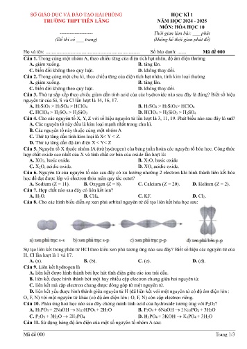 Đề kiểm tra học kì I Hóa học 10 - Năm học 2024-2025 - Trường THPT Tiên Lãng