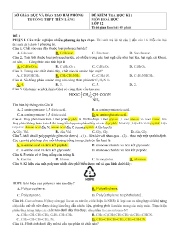 Đề kiểm tra học kì I Hóa học 12 - Đề 1 - Trường THPT Tiên Lãng (Có đáp án)