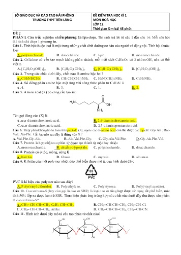 Đề kiểm tra học kì I Hóa học 12 - Đề 2 - Trường THPT Tiên Lãng (Có đáp án)