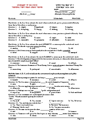 Đề kiểm tra học kì I môn Tiếng Anh 12 - Mã đề 000 - Năm học 2023-2024 - Trường THPT Phan Châu Trinh (Có đáp án)