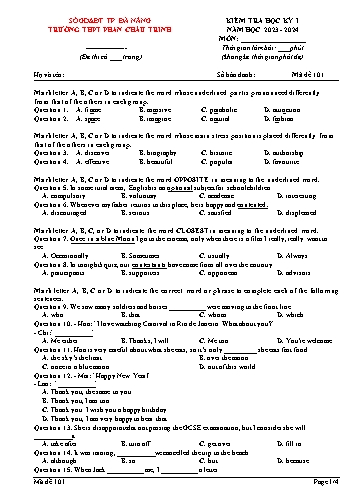 Đề kiểm tra học kì I môn Tiếng Anh 12 - Mã đề 101 - Năm học 2023-2024 - Sở GD&ĐT Đà Nẵng