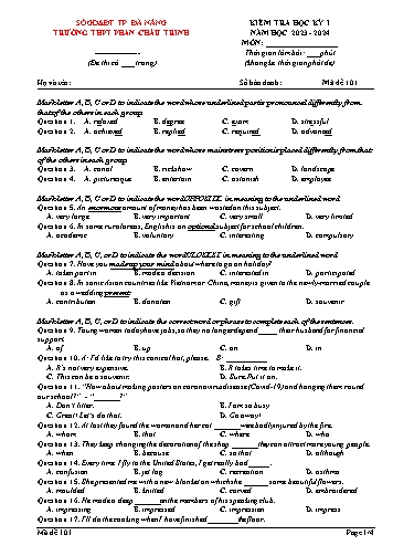 Đề kiểm tra học kì I môn Tiếng Anh 12 - Mã đề 101 - Năm học 2023-2024 - Trường THPT Phan Châu Trinh (Có đáp án)