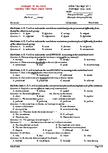 Đề kiểm tra học kì I môn Tiếng Anh 12 - Năm học 2023-2024 - Trường THPT Phan Châu Trinh (Có đáp án)