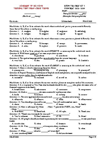Đề kiểm tra học kì I Tiếng Anh 12 - Mã 000 - Năm học 2023-2024 - Trường THPT Phan Châu Trinh (Có đáp án)