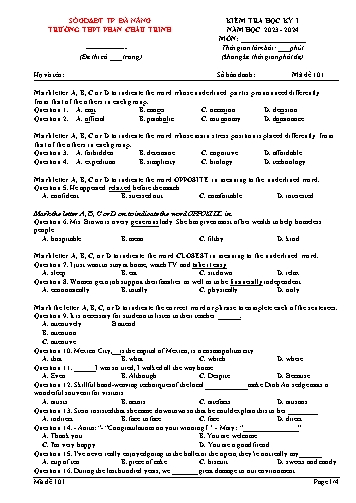 Đề kiểm tra học kì I Tiếng Anh 12 - Mã đề 101 - Năm học 2023-2024 - Trường THPT Phan Châu Trinh (Có đáp án)