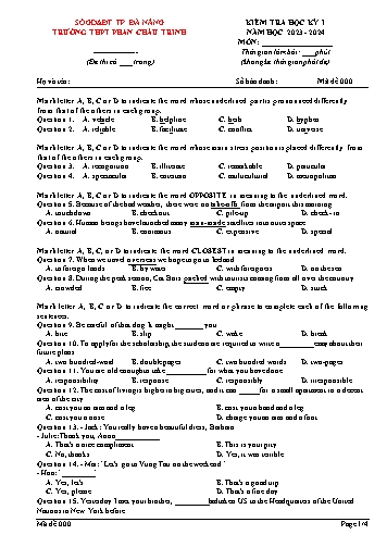 Đề kiểm tra học kì I Tiếng Anh 12 - Năm học 2023-2024 - Trường THPT Phan Châu Trinh (Có đáp án)