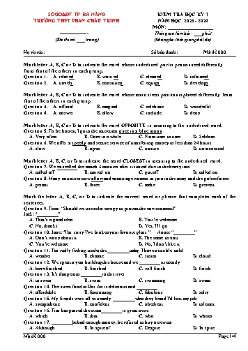 Đề kiểm tra học kì I Tiếng Anh Lớp 12 - Mã 000 - Năm học 2023-2024 - Trường THPT Phan Châu Trinh (Có đáp án)