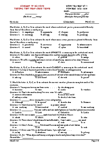 Đề kiểm tra học kì I Tiếng Anh Lớp 12 - Mã đề 101 - Năm học 2023-2024 - Trường THPT Phan Châu Trinh (Có đáp án)