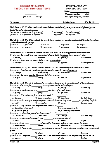Đề kiểm tra học kì I Tiếng Anh Lớp 12 - Mã đề 101 - Năm học 2023-2024 - Sở GD&ĐT Đà Nẵng