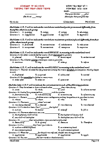 Đề kiểm tra học kì I Tiếng Anh Lớp 12 - Năm học 2023-2024 - Trường THPT Phan Châu Trinh (Có đáp án)