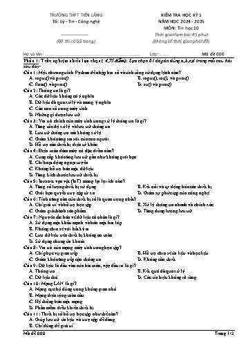 Đề kiểm tra học kì I Tin học 10 - Năm học 2024-2025 - Trường THPT Tiên Lãng