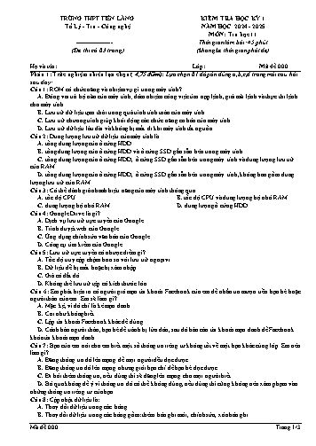 Đề kiểm tra học kì I Tin học 11 - Năm học 2024-2025 - Trường THPT Tiên Lãng