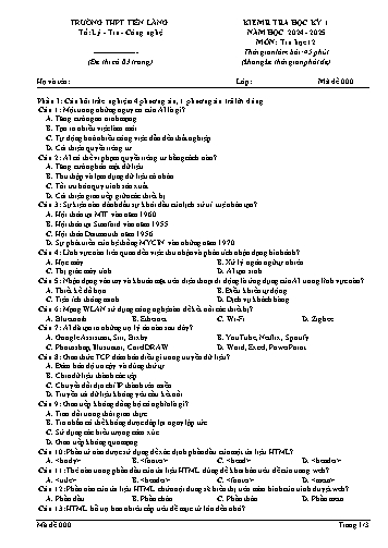 Đề kiểm tra học kì I Tin học 12 - Năm học 2024-2025 - Trường THPT Tiên Lãng