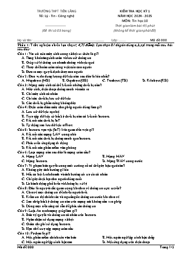 Đề kiểm tra học kì I Tin học Lớp 10 - Năm học 2024-2025 - Trường THPT Tiên Lãng