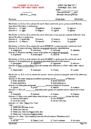 Đề kiểm tra môn Tiếng Anh 12 học kì I - Mã 000 - Năm học 2023-2024 - Trường THPT Phan Châu Trinh (Có đáp án)