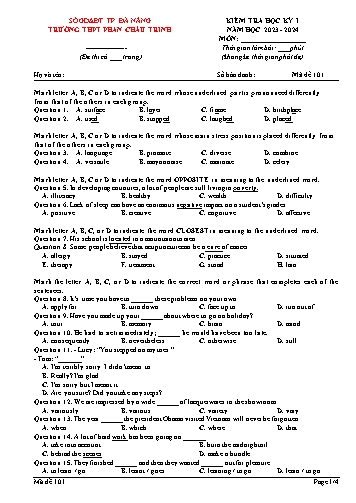 Đề kiểm tra môn Tiếng Anh 12 - Học kì I - Mã 101 - Năm học 2023-2024 - Trường THPT Phan Châu Trinh (Có đáp án)