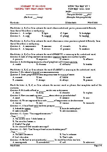 Đề kiểm tra môn Tiếng Anh 12 - Học kì I - Mã đề 000 - Năm học 2023-2024 - Trường THPT Phan Châu Trinh (Có đáp án)