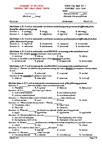 Đề kiểm tra môn Tiếng Anh 12 học kì I - Mã đề 101 - Năm học 2023-2024 - Trường THPT Phan Châu Trinh (Có đáp án)